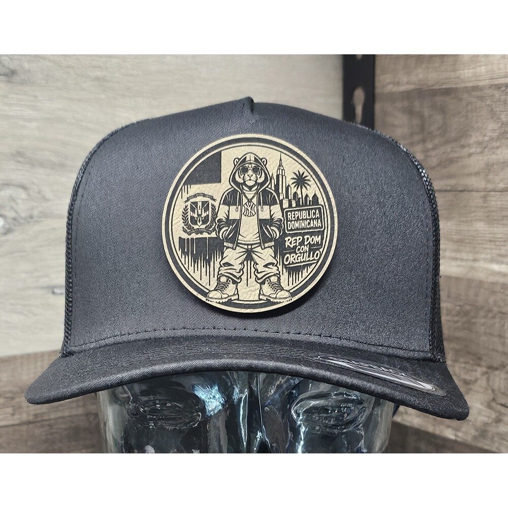 Dominican Republic Tigre Leather Patch Hat Black Snapback Trucker Cap